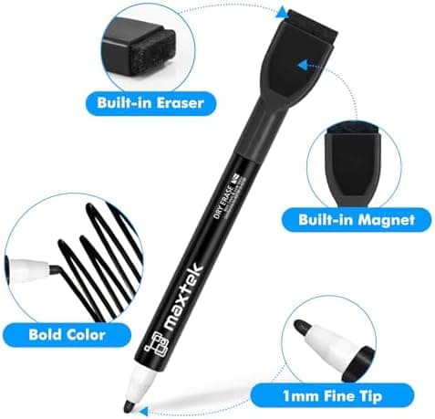 Maxtek Magnetic Dry-Erase Markers, 6 Stücke, Schwarz, Trockenausschlag, Radiergummi, Abwischbar, Geruchsarmer, Ethikomsi