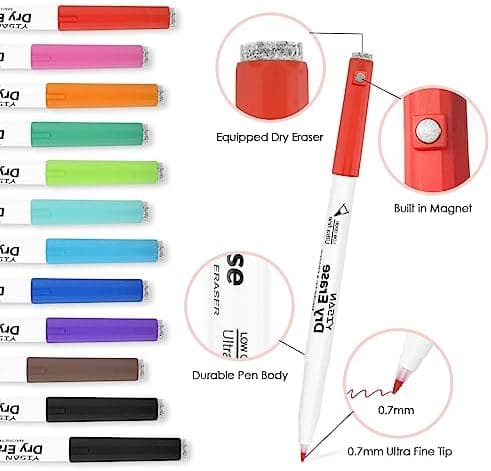 YISAN Magnetische Whiteboard Stifte 0,7 mm Extra Feine, Abwischbar, 12 Farben, geringer Geruch, 70559