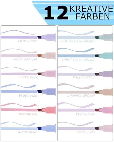 [12er-Pack] Ästhetische Textmarker für Schüler und Studierende mit weicher Keilspitze, No Bleed Bible Highlighter Pastel