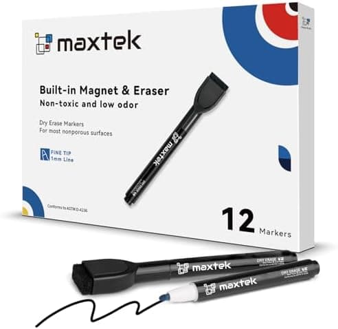 Maxtek Magnetic Dry-Erase Markers, 6 Stücke, Schwarz, Trockenausschlag, Radiergummi, Abwischbar, Geruchsarmer, Ethikomsi