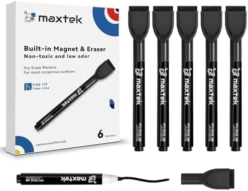 Maxtek Magnetic Dry-Erase Markers, 6 Stücke, Schwarz, Trockenausschlag, Radiergummi, Abwischbar, Geruchsarmer, Ethikomsi