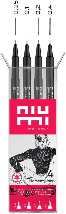 Pigmentliner Starter Set 2 - 4 Finliner 0,3/0,5/0,7/0,9 mm - dokumentenecht, wasserfest - für Outlines, Manga, Skizzen,
