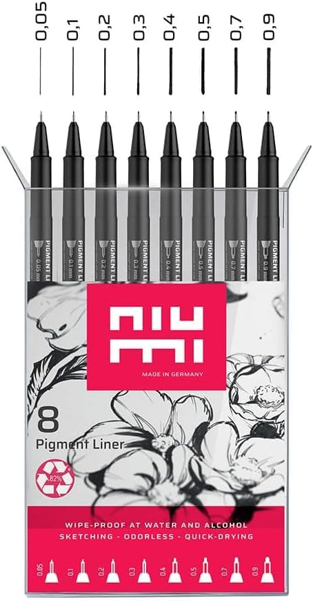 Pigmentliner Starter Set 2 - 4 Finliner 0,3/0,5/0,7/0,9 mm - dokumentenecht, wasserfest - für Outlines, Manga, Skizzen,