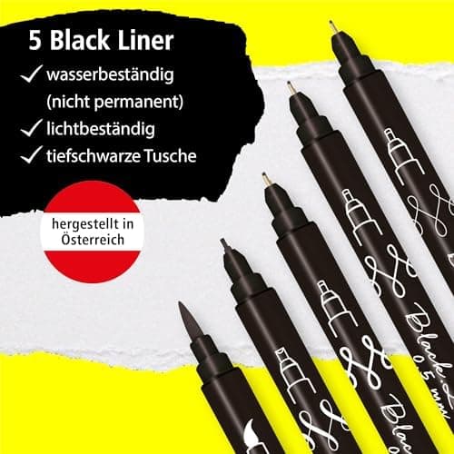 Online 5x Fineliner Schwarz wasserbeständig | mit Brush Pen und Kalligrafie-Spitze | Black Handlettering-Set | Tuschesti