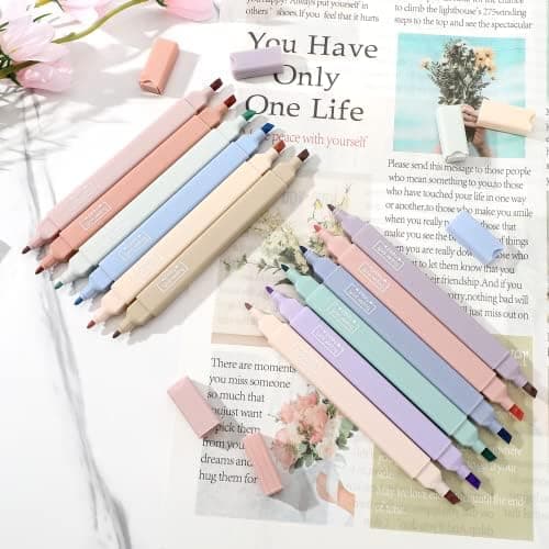 Mkitnvy Dual Tips Textmarker,12PC Ästetische Textmarker Assorted Farben Pastell Set für Journaling Bibelplaner Notizen S