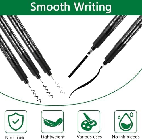Fineliner Schwarz Stifte, 12 Stück Set, Wasserfeste Tuschen, für Zeichnen, Skizzieren und Technische Zeichnung