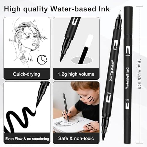 Funnasting Fineliner Stifte Set Schwarz für Künstler, Illustration und Technisches Zeichnen - 12 Stück Dual Brush Pen, S