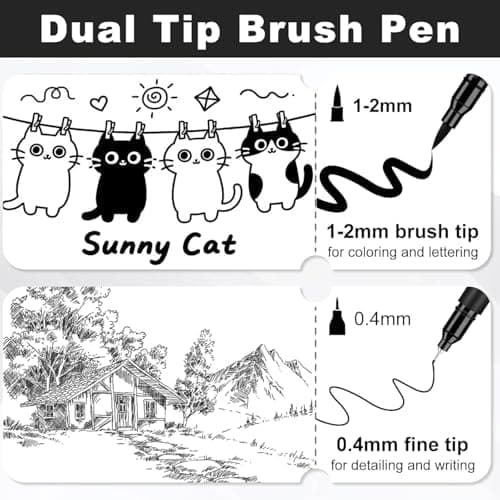 Funnasting Fineliner Stifte Set Schwarz für Künstler, Illustration und Technisches Zeichnen - 12 Stück Dual Brush Pen, S