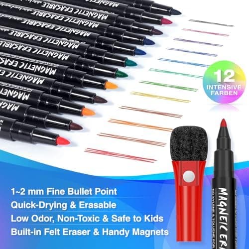 Whiteboard Marker 12 Farbe + Schwamm Magnete + Lehrer Zubehör + Schule Zuhause Büro + Abwischbare Stifte + Magnettafel