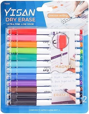 YISAN Magnetische Whiteboard Stifte 0,7 mm Extra Feine, Abwischbar, 12 Farben, geringer Geruch, 70559