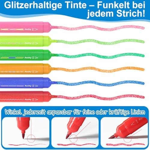 AECHY Glitzer Textmarker Set für Schüler & Künstler mit Farbwechsel & Glittereffekt - Büro & Schule Ideale Geschenke (6