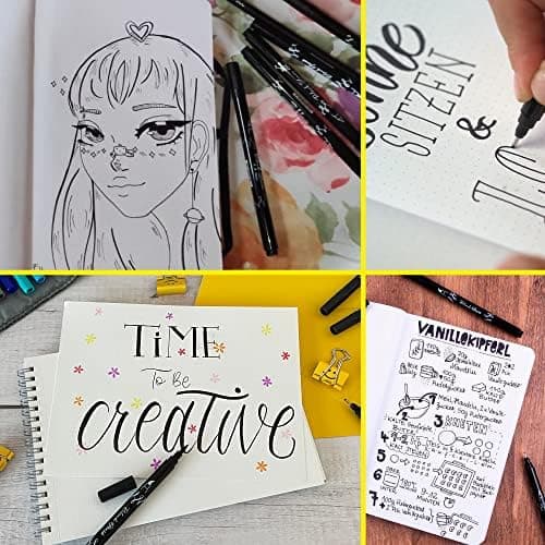 Online 5x Fineliner Schwarz wasserbeständig | mit Brush Pen und Kalligrafie-Spitze | Black Handlettering-Set | Tuschesti