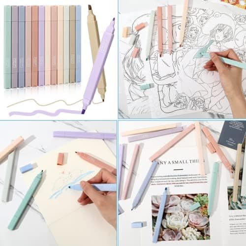 Mkitnvy Dual Tips Textmarker,12PC Ästetische Textmarker Assorted Farben Pastell Set für Journaling Bibelplaner Notizen S