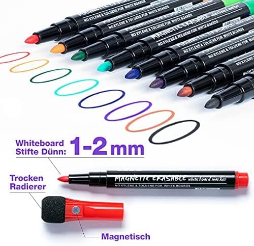 Whiteboard Marker 12 Farbe + Schwamm Magnete + Lehrer Zubehör + Schule Zuhause Büro + Abwischbare Stifte + Magnettafel