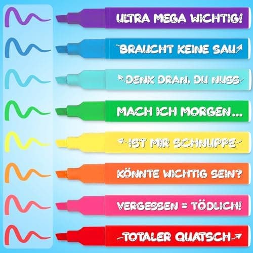 8x Lustige Textmarker - das frech bunte Marker Set für Studenten, Schüler, Lehrer und Kollegen - Highlighter Stifte für