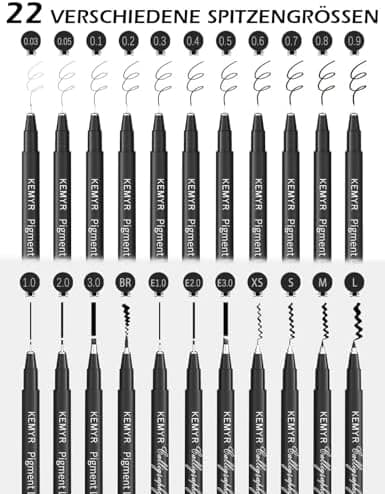 Fineliner Schwarz für Künstler - Wasselfest Zentangle Stifte & Pigment Liner Set (0.03mm-L), 22 Stück