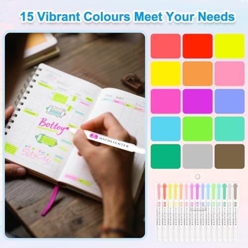 Funnasting Textmarker 15 Farben Pastell mit Zwei Spitzen für Journaling und Bürobedarf