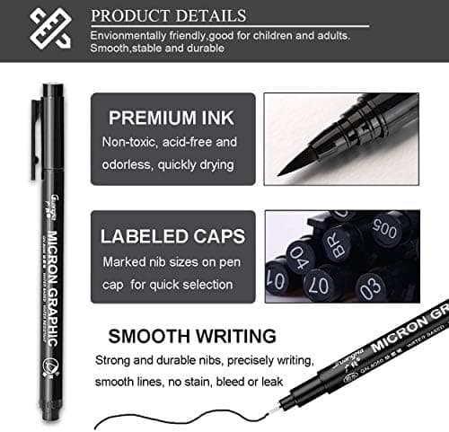 Schwarze Fineliner-Stifte Set für Künstler - 12 Stück Technische Zeichenstifte mit Mikro-Liner-Kunststifte zum Kunstskiz