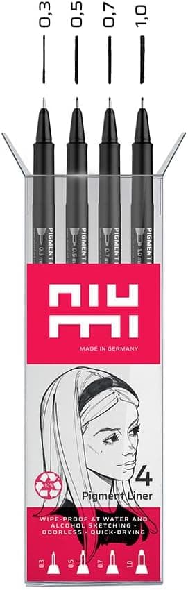Pigmentliner Starter Set 2 - 4 Finliner 0,3/0,5/0,7/0,9 mm - dokumentenecht, wasserfest - für Outlines, Manga, Skizzen,