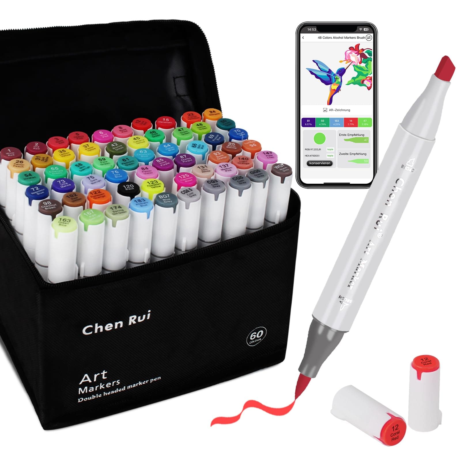 Chen Rui 60 Farben Alkohol Marker für Erwachsene und Kinder - Doppelspitze Pinsel & Meißel - Alkoholmarker für Malen, Sk