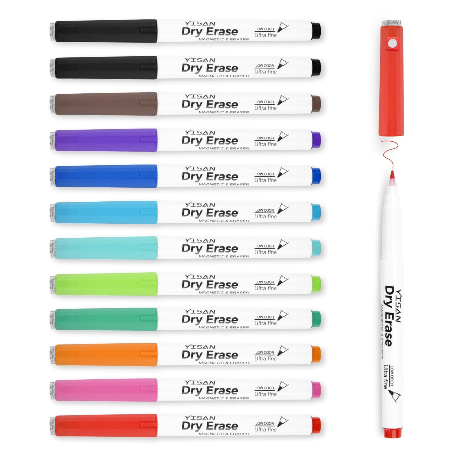 YISAN Magnetische Whiteboard Stifte 0,7 mm Extra Feine, Abwischbar, 12 Farben, geringer Geruch, 70559