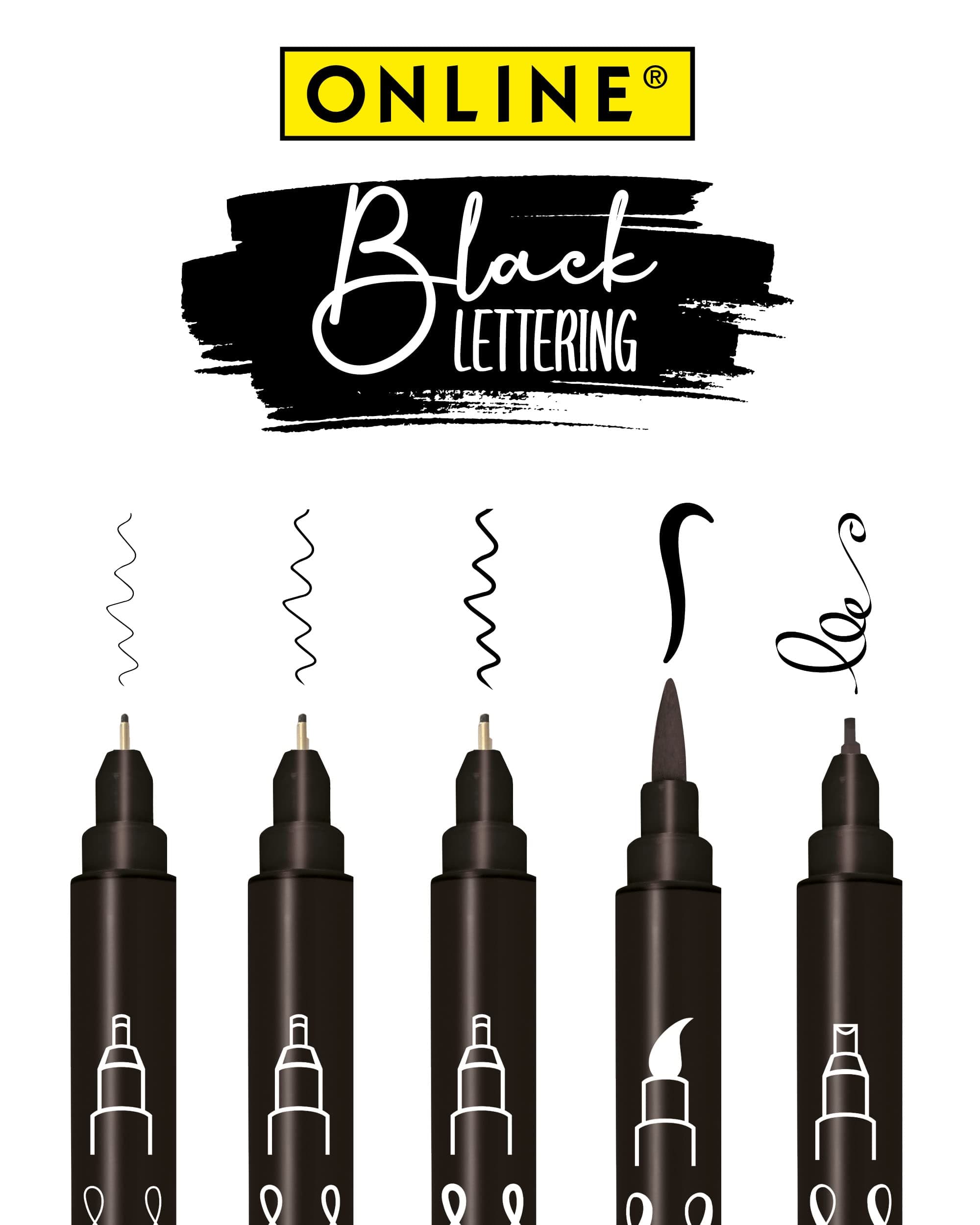 Online 5x Fineliner Schwarz wasserbeständig | mit Brush Pen und Kalligrafie-Spitze | Black Handlettering-Set | Tuschesti