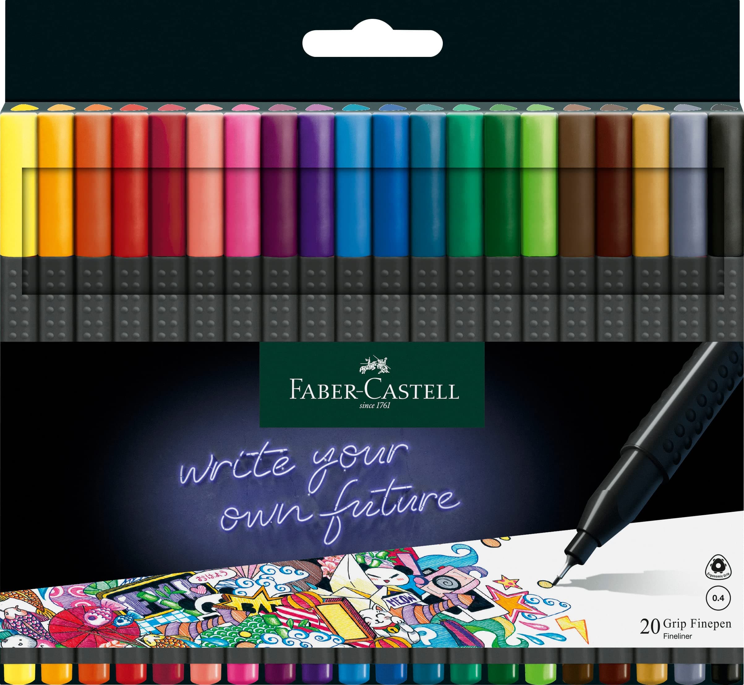 Faber-Castell 151620 Box mit 20 Grip Finelinern für Erwachsene zur lebendigen farbigen Kunst Stifte zum Zeichnen