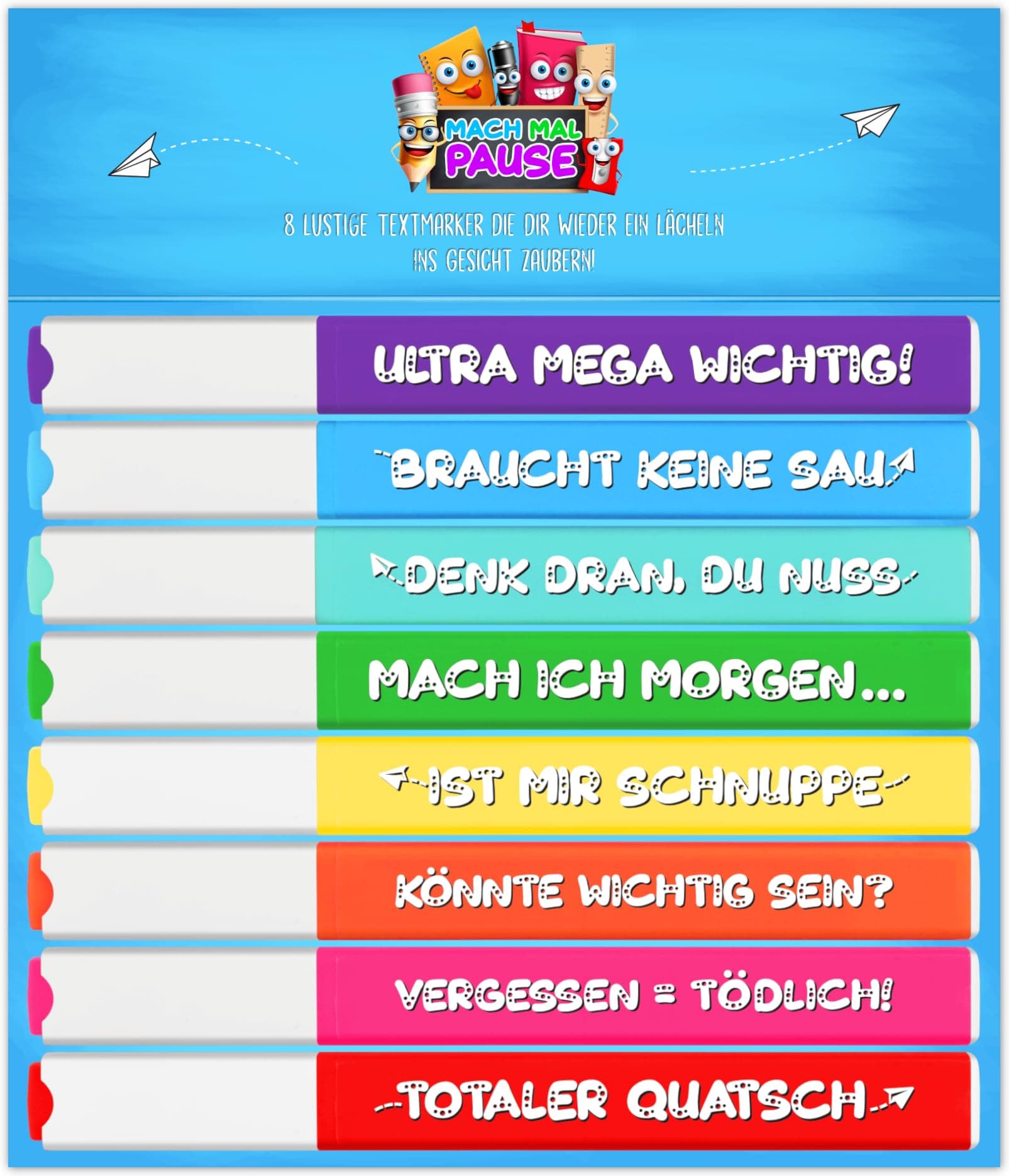 8x Lustige Textmarker - das frech bunte Marker Set für Studenten, Schüler, Lehrer und Kollegen - Highlighter Stifte für