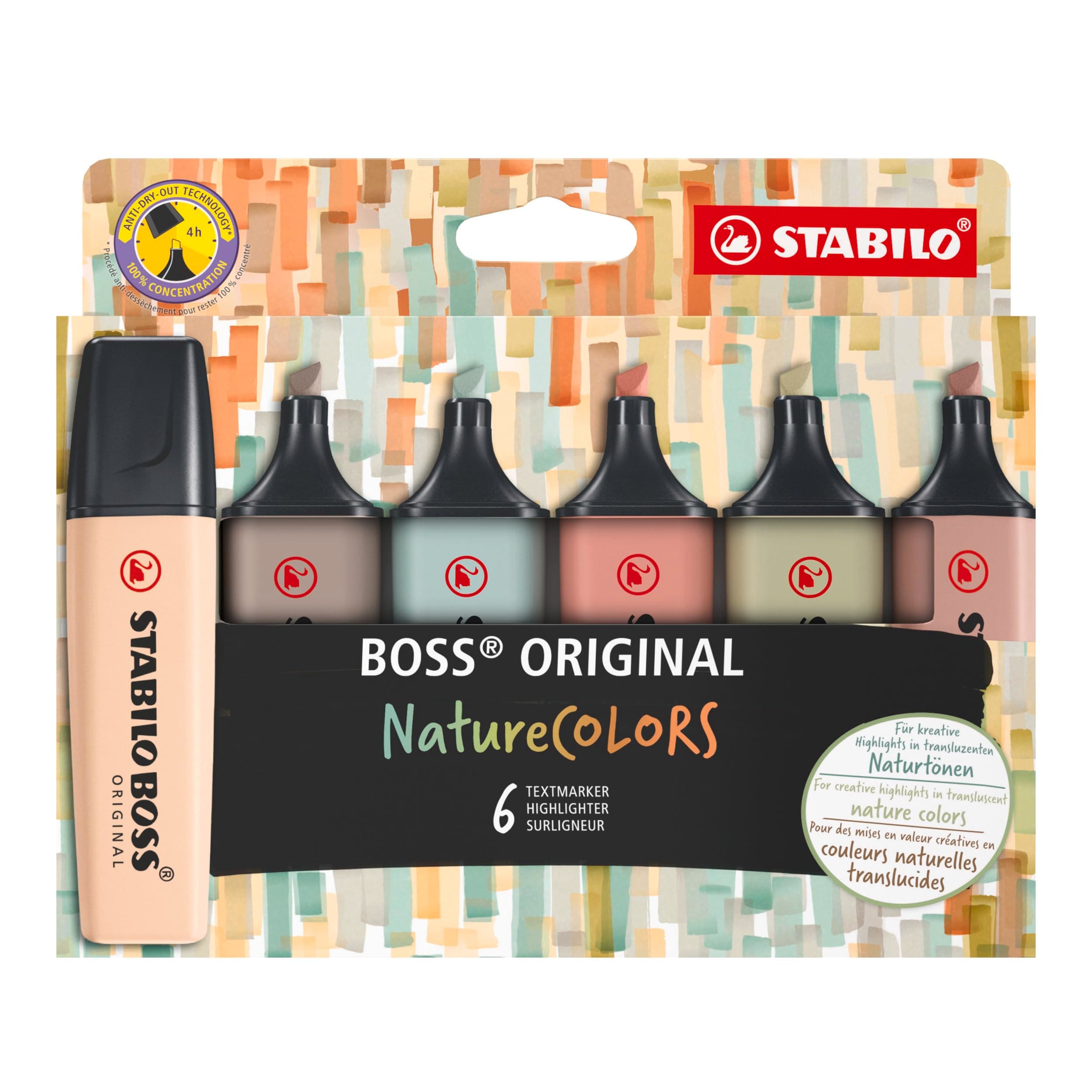 STABILO Textmarker BOSS ORIGINAL NatureCOLORS - 6er Pack - Farbige Markierer für Künstler und Designern - Dickes Marker
